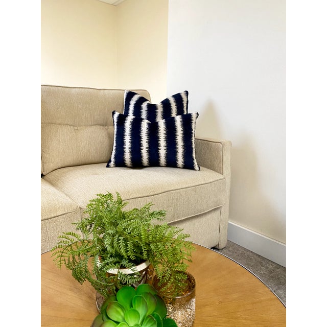 Contemporary Navy & Cream Striped Velvet Throw Pillow Cover For Sale - Image 3 of 8