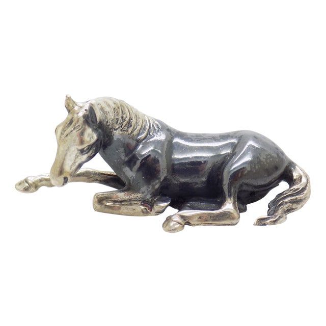 Vintage Italian Handmade Genuine Silver Saturno Branded Sitting Horse Figurine, 1980s For Sale