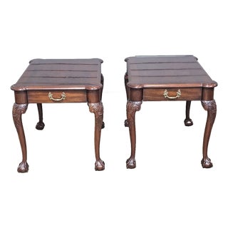 Pair Henkel Harris Chippendale Style Mahogany Claw & Ball Side Tables End Table For Sale