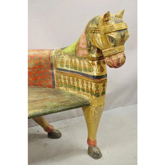 Vintage Figural Primitive Solid Carved Wood Red & Green Horse Bench Seat Chair For Sale - Image 12 of 12