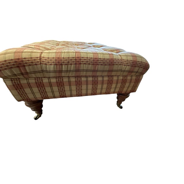 English Manor Tufted Upholstered Ottoman Bench With Turned Walnut Legs & Brass Casters For Sale - Image 4 of 6