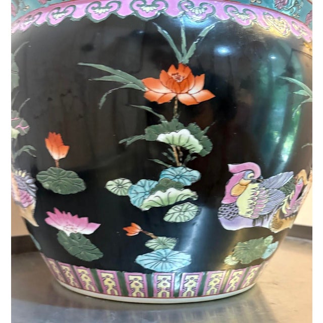 1970s Black/Pink Ceramic Asian Koi Fish / Bird Planter For Sale - Image 5 of 6