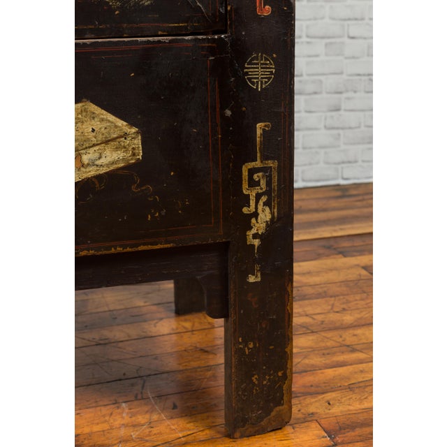 19th Century Qing Dynasty Two-Door Cabinet with Hand-Painted Décor and Original Black Lacquer For Sale - Image 12 of 12