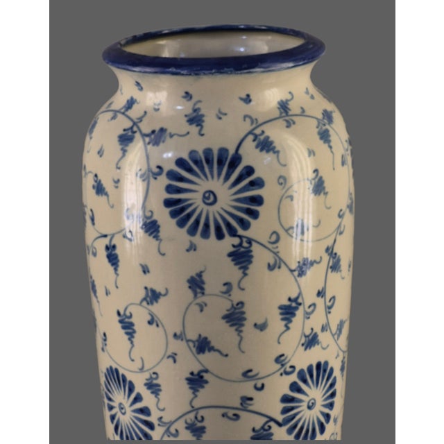 Vintage Pottery Blue & White Hand Painted Floral 17.5'' Tall Floor Table Vase For Sale - Image 4 of 13