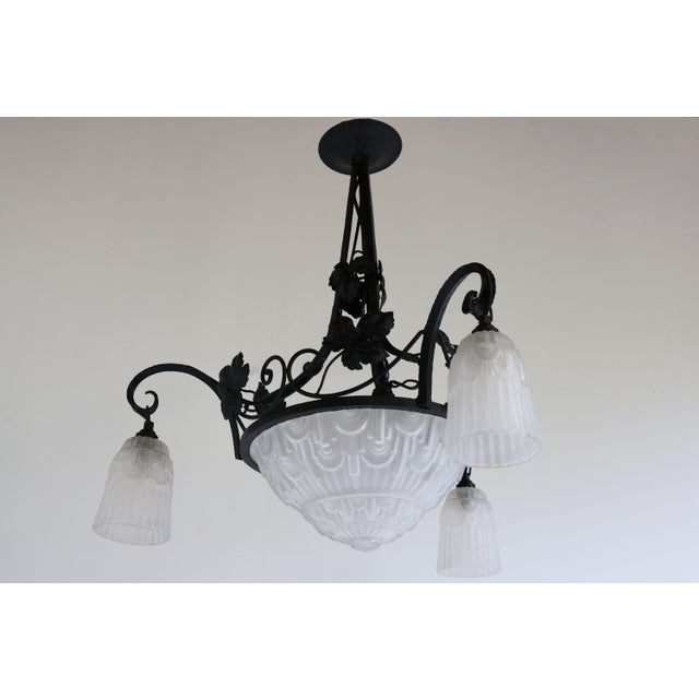 Antique French Art Deco Geometric Wrought Iron and Frosted Glass Chandelier, 1930 For Sale - Image 15 of 15