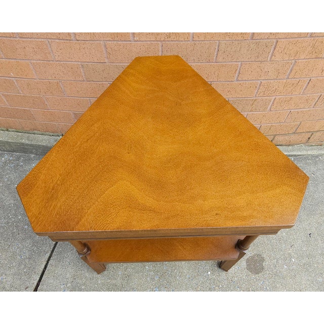 Mid-Century Modern Fine Arts Furniture Two-Tier Walnut Triangular Side Table For Sale - Image 3 of 10
