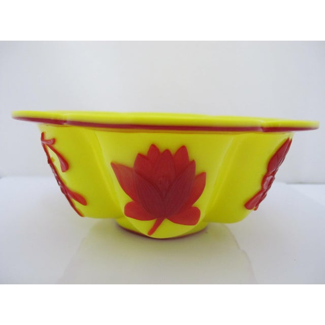 Yellow Chinese Imperial Yellow Peking Glass Lobed Bowl Pair With Red Floral Overlay For Sale - Image 8 of 12