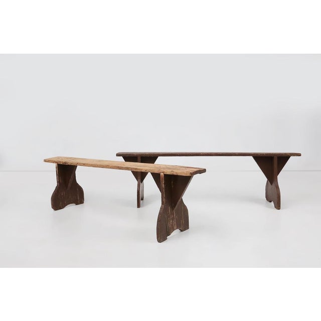 Rustic Wooden Bench with Brown Painted Feet, France, 1890s For Sale - Image 10 of 11