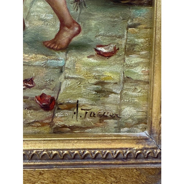 Vintage a Tucker Venetian Street Artist Selling Art Realism Oil Painting on Wood For Sale - Image 4 of 14