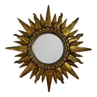 Vintage Mid 20th Century 12.5" Gilded Sunburst Accent Wall Mirror For Sale