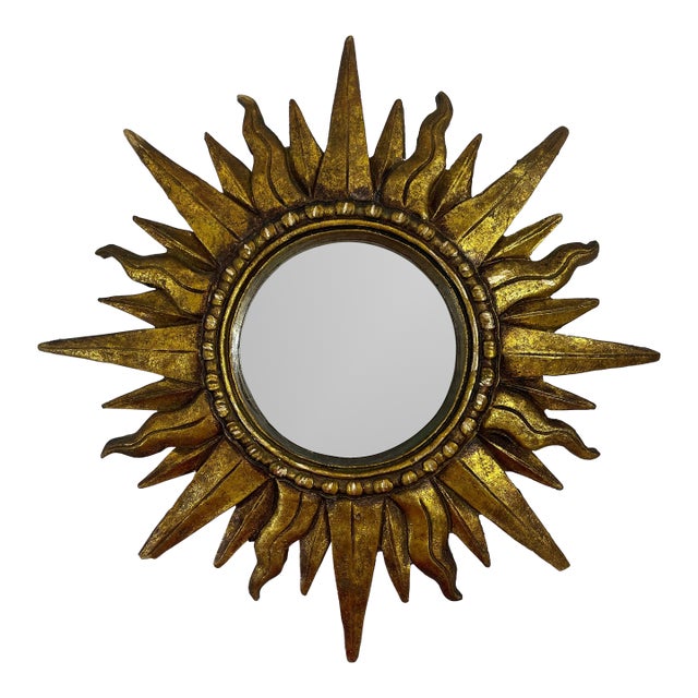 Vintage Mid 20th Century 12.5" Gilded Sunburst Accent Wall Mirror For Sale