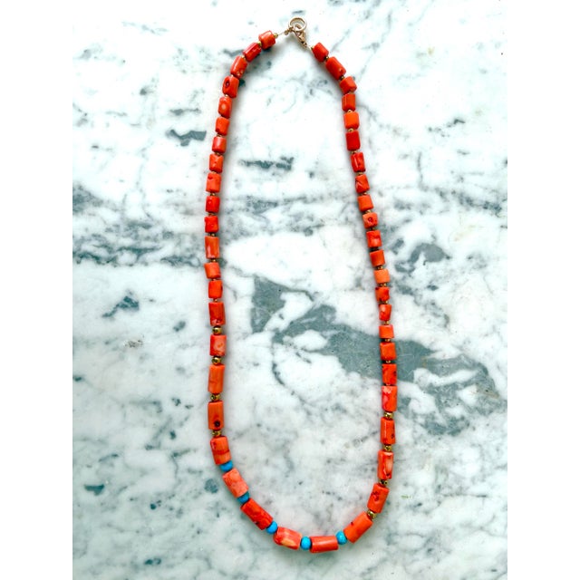 Coral Branch and Turquoise Beaded Necklace With Antiqued Gold Tone Spacers - Designed by Matthew Izzo For Sale - Image 4 of 5