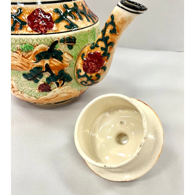 Ceramic Vintage Majolica Teapot With Asian Designs For Sale - Image 7 of 12