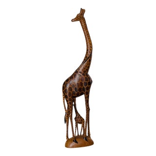 38 “ Vintage Safari Giraffe Sculpture Handcarved Wood For Sale