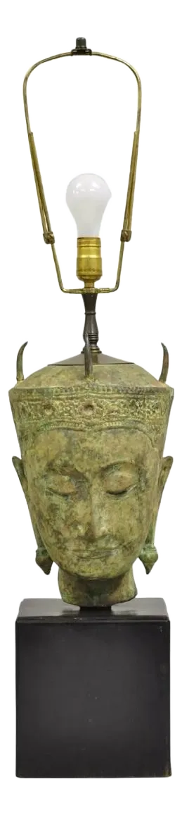 Vintage Thanh Le Vietnam Verdigris Bronze Siamese Buddha Bust Head Table Lamp
