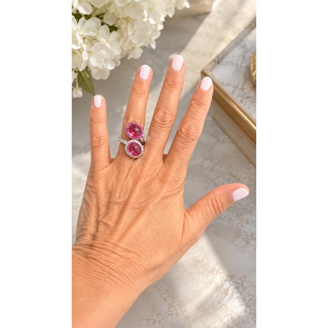 Italian 1980s Pink Tourmaline & Diamond 18k White Gold Bypass Ring, Size 6 For Sale - Image 11 of 11