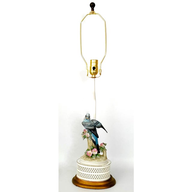 Updated Vintage Porcelain Blue Parakeet Parrot Figurine Table Lamp, circa 1960s. This gorgeous lamp depicts a Parakeet...