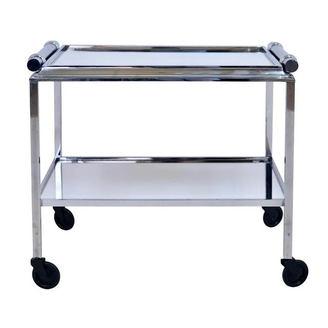 1930s Art Deco Modernist Chromed Bar Cart with Mirrors and Cylindrical Handles, 1930s For Sale - Image 5 of 7