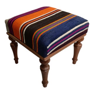 Striped Kilim Upholstered Walnut Footstool For Sale