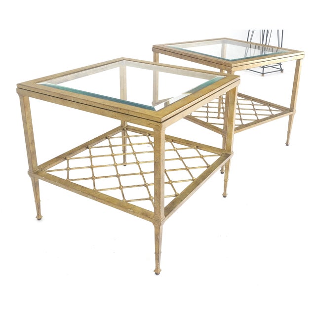 1970s Pair of Square Glass Top Gold Gilt Metal Glass Top End Tables Stands For Sale - Image 5 of 9