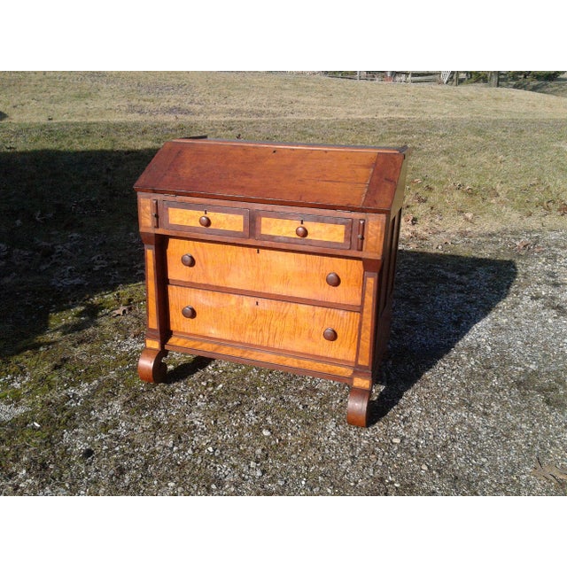 1850s Antique 2 Piece Cherry Curly Maple Slant Front Secretary Desk With Bookcase Top For Sale - Image 14 of 18