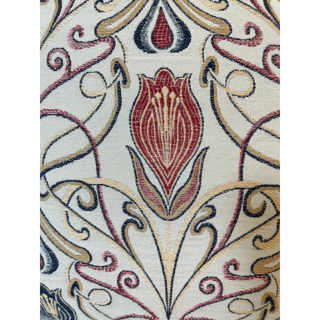 Textile Large Bolster Pillow Decorated in a Needlepoint Look Classic Renaissance Scroll and Floral Pattern With Rich Blue Velvet-Like Back - Made in the U K For Sale - Image 7 of 10