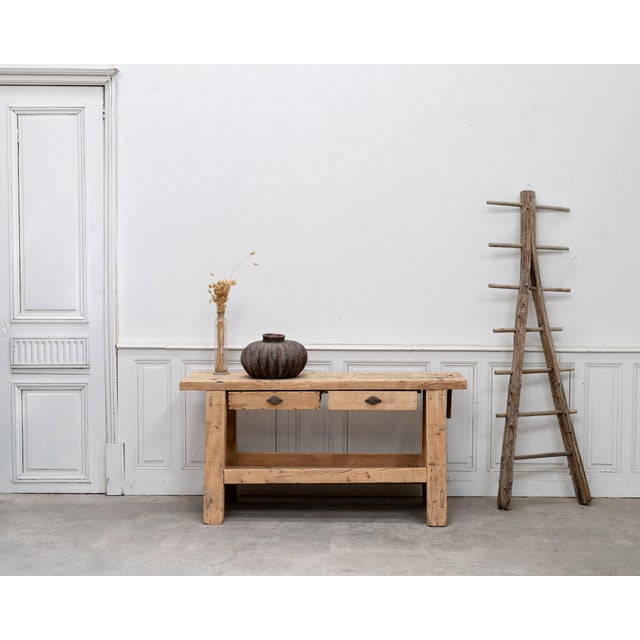 Industrial Antique Workbench in Fir Wood, 1940 For Sale - Image 3 of 16