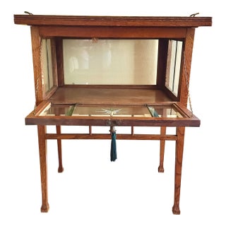 Antique Wood Liquor Tea Cabinet With Removable Top Tray Etched Glass Front Door Access For Sale