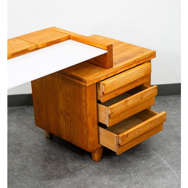 Mid Century Modern Vanity Desk Solid Ash Milk Glass Teak 3 Drawers Vintage MCM For Sale - Image 9 of 12