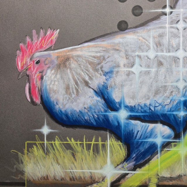 "Atomic Cock", as this piece is titled, combines a large rooster with mid-century Atomic styling and the saturated colors...