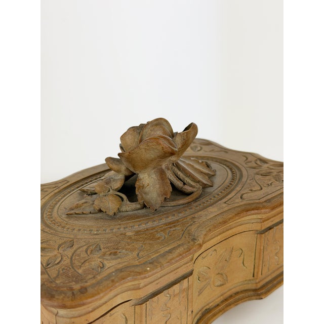Antique Black Forest Carved Wood Jewelry Box with Rose, 1890s For Sale - Image 4 of 14