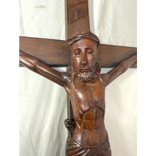 Big Antique Hand Carved Wood Religious Jesus Christ Crucifix Cross Sculpture God For Sale In New York - Image 6 of 11