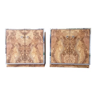 Postmodern Burl Wood Lacquer Laminate and Chrome Cabinets - a Pair For Sale