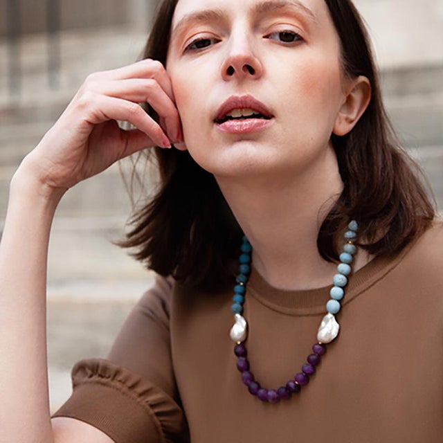 Blue Baroque Pearl Amethyst Color Block Necklace For Sale - Image 8 of 8