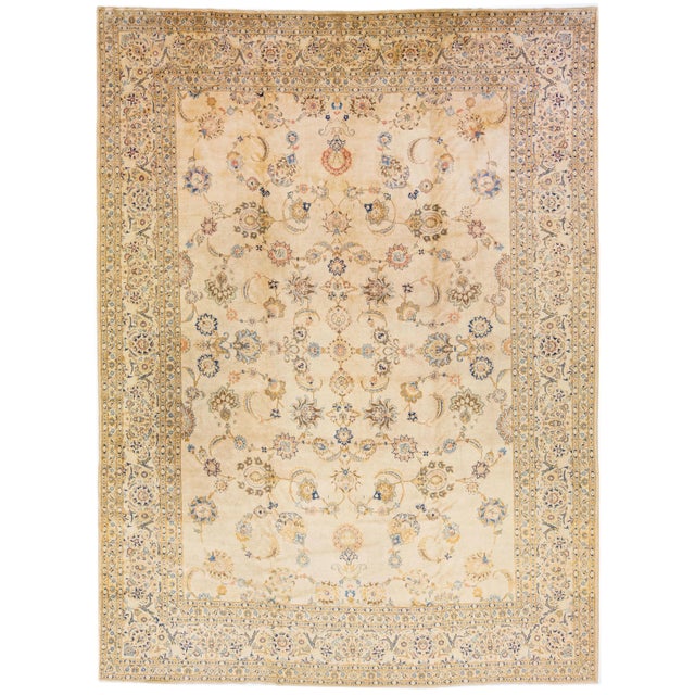 Textile Floral Antique Persian Kashan Handmade Wool Rug in Beige For Sale - Image 7 of 7