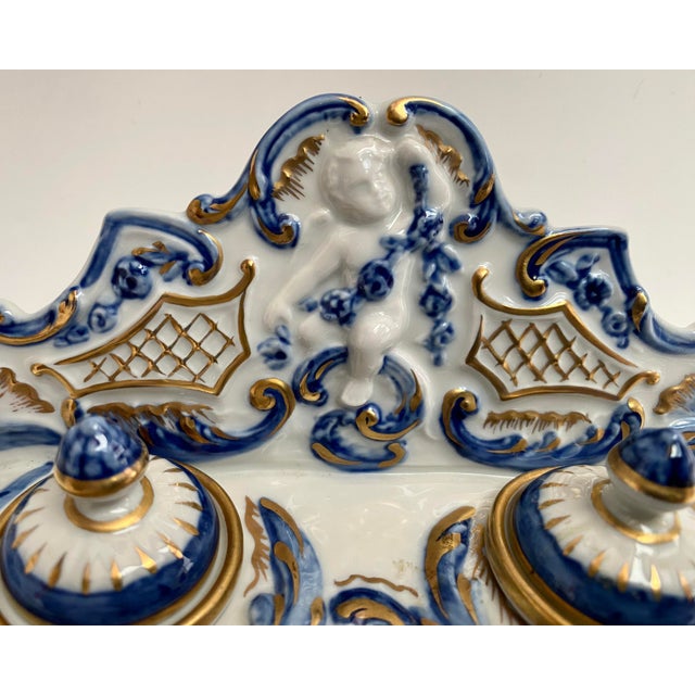 Porcelain Inkwell with Embossed Gold Accents Hand-Painted Desk Decor, France, 1890s For Sale - Image 4 of 8