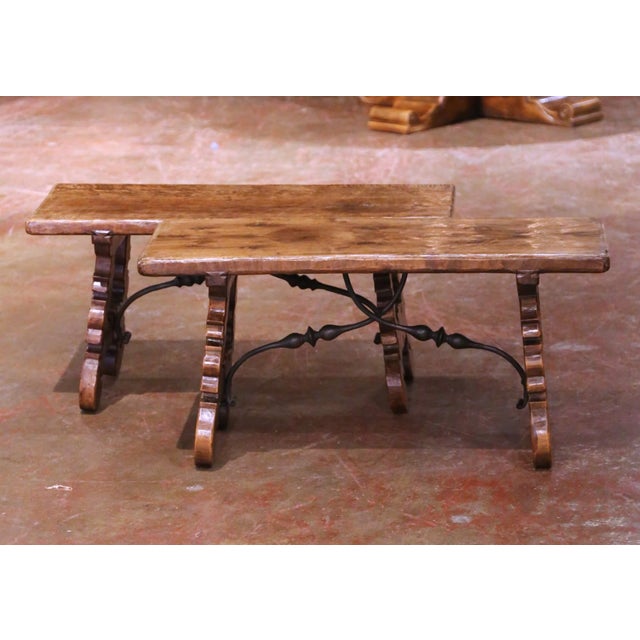 Spanish Pair of Mid-Century Spanish Walnut Trestle Tables-Benches With Iron Stretchers For Sale - Image 3 of 7