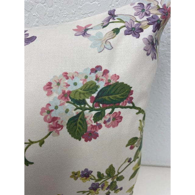 White Pair of 22" Square Pillows Decorated With a Delicate Purple & Pink Floral Pattern - Made in Uk. For Sale - Image 8 of 13