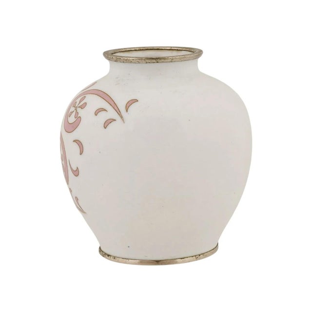 Metal Japanese Cloisonne Enamel Vase Ando School Pink White Minimalist For Sale - Image 7 of 7