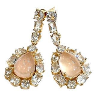 Bochic "Capri" Pink Quartz & White Topaz Earrings Set In 18K Gold & Silver For Sale