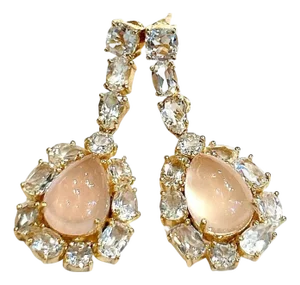 Bochic "Capri" Pink Quartz & White Topaz Earrings Set In 18K Gold & Silver