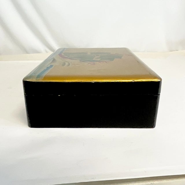 Japanese Mid-Century Boho Chic Coastal Nautical Japanese Hand Painted Wooden Box For Sale - Image 3 of 10