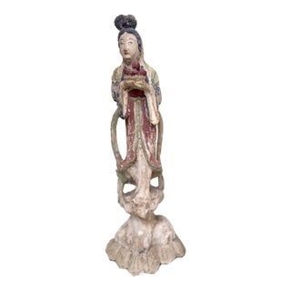 Antique Chinese 16.5” Tall Kuan Yin Wood Statue For Sale