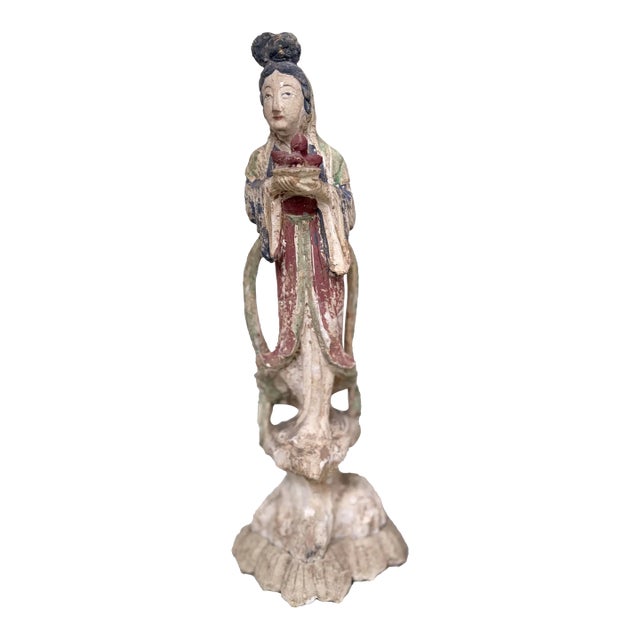 Antique Chinese 16.5” Tall Kuan Yin Wood Statue For Sale