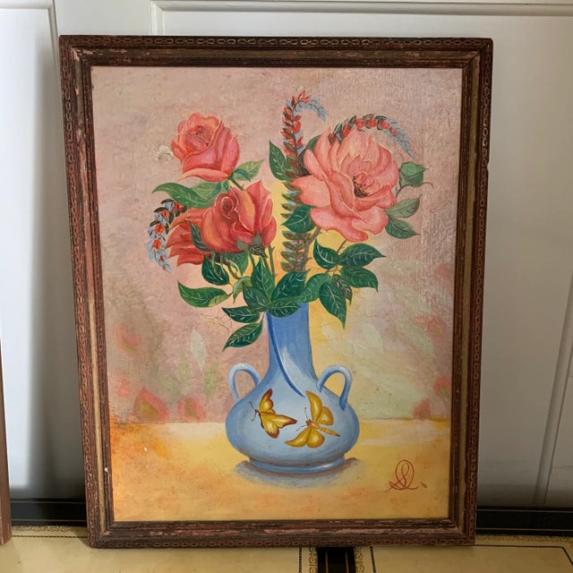 Original Framed Mid Century Chinoiserie Floral Oil Painting. Professionally restored. Beautiful colors.
