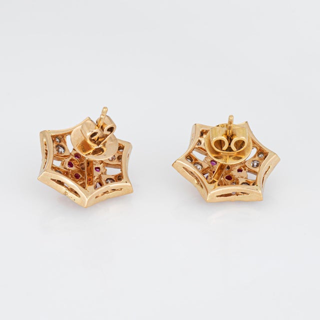 Mid-Century Modern Mid Century Ruby Diamond Snowflake Earrings 14k Yellow Gold Studs Vintage, Pair For Sale - Image 3 of 4