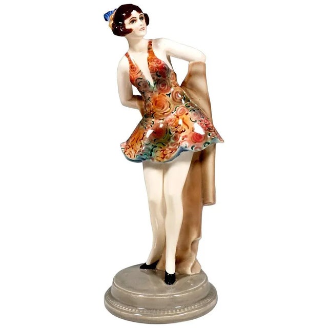 Blue Art Deco Figure Standing Dancer with Headdress by Wilhelm Thomasch for Goldscheider, 1920s For Sale - Image 8 of 8