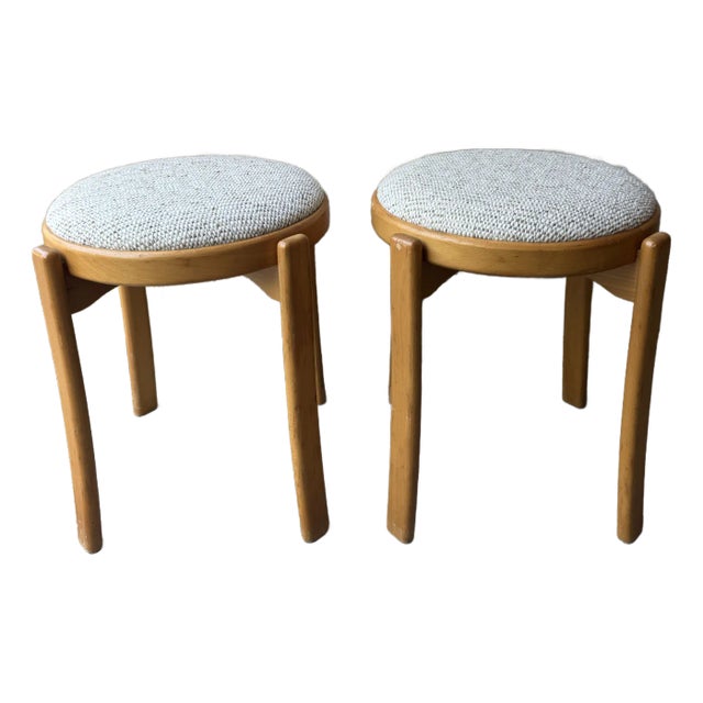 Pair of Mid 20th Century Danish Blonde Wood Stools With Upholstered Tops For Sale