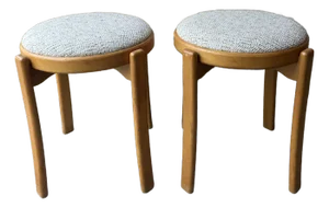 Pair of Mid 20th Century Danish Blonde Wood Stools With Upholstered Tops