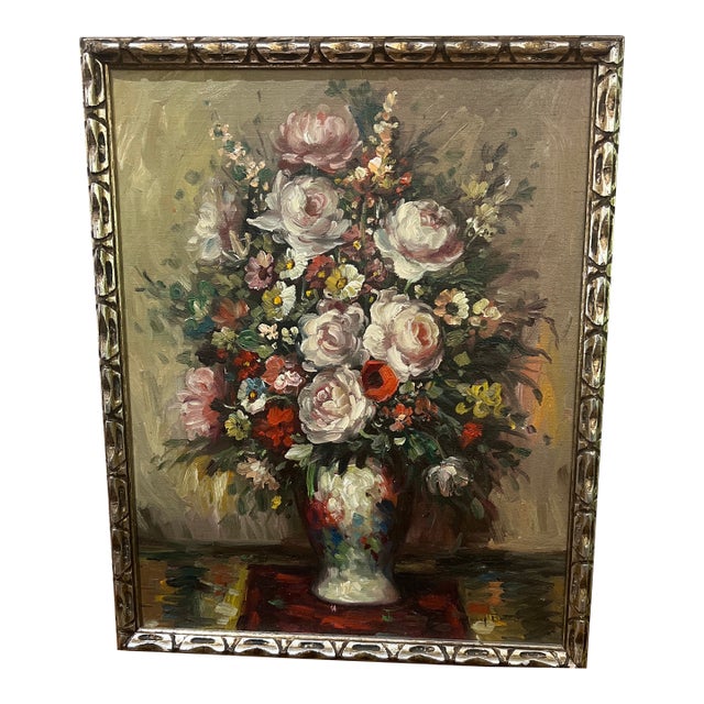 Oil on Canvas American School Floral Still Life Framed Signed Made in 1950 For Sale